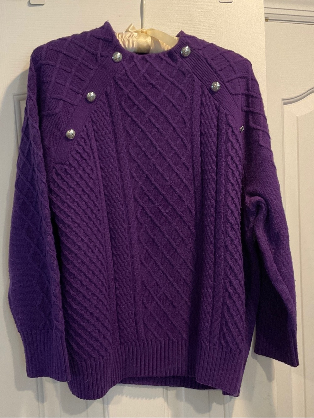 Talbots Deep Purple Cable-Knit Sweater with Silver Buttons